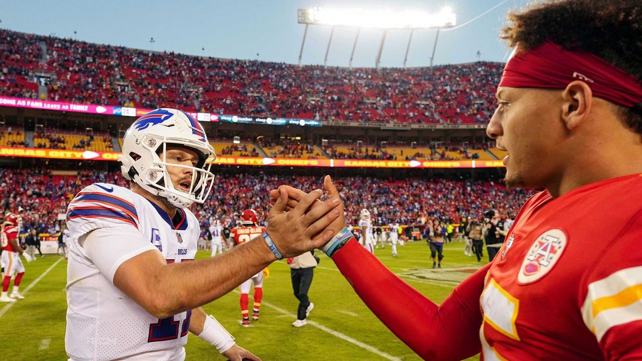 Buffalo Bills quarterback Josh Allen (17) shakes hands with Kansas City Chiefs quarterback Patrick Mahomes (15) after a game at GEHA Field at Arrowhead Stadium.