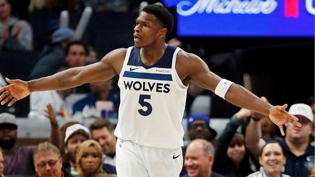 Minnesota Timberwolves guard Anthony Edwards (5) questions a no call during the third quarter against the Portland Trail Blazers at Target Center.