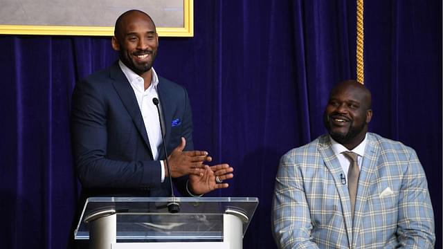 Kobe Bryant (left) speaks during ceremony to unveil statue of Los Angeles Lakers former center Shaquille O'Neal at Staples Center.