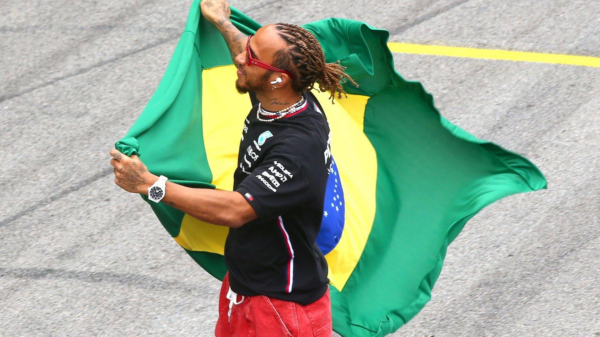 Lewis Hamilton waving the Brazilian flag at Interlagos, Sao Paolo, Brazil