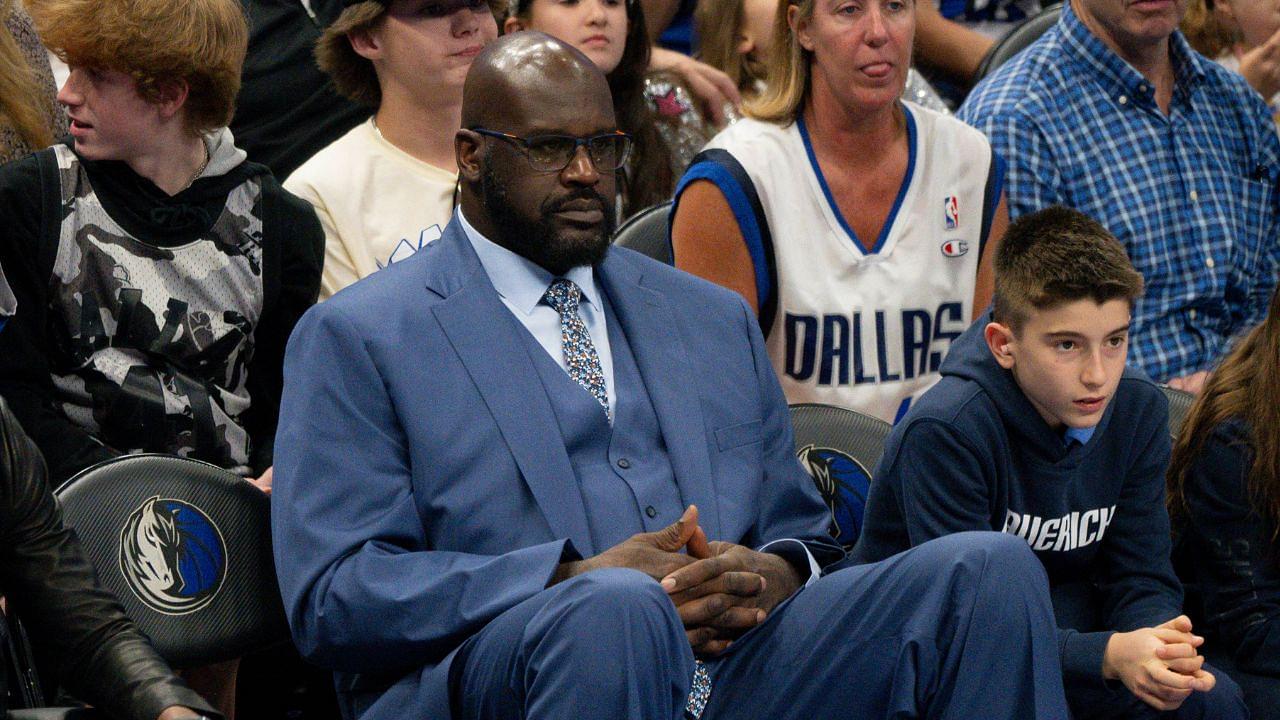 Shaquille O'Neal watches the game between the Dallas Mavericks and the Minnesota Timberwolves in game four of the western conference finals for the 2024 NBA playoffs at American Airlines Center