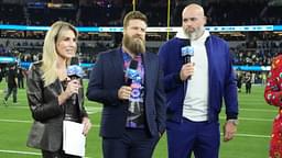 Dec 21, 2023; Inglewood, California, USA; Amazon Prime Thursday Night Football broadcasters (from left) Tony Gonzalez, Charissa Thompso, Ryan Fitzpatrick, Andrew Whitworth and Richard Sherman during the game between the Los Angeles Rams and the New Orleans Saints at SoFi Stadium.