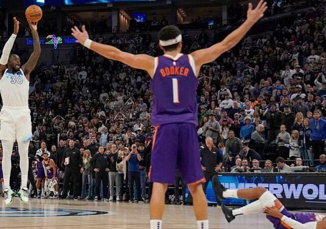 Minnesota Timberwolves forward Julius Randle (30) hits a game-winning three-pointer against the Phoenix Suns as time expires in the fourth quarter at Target Center.