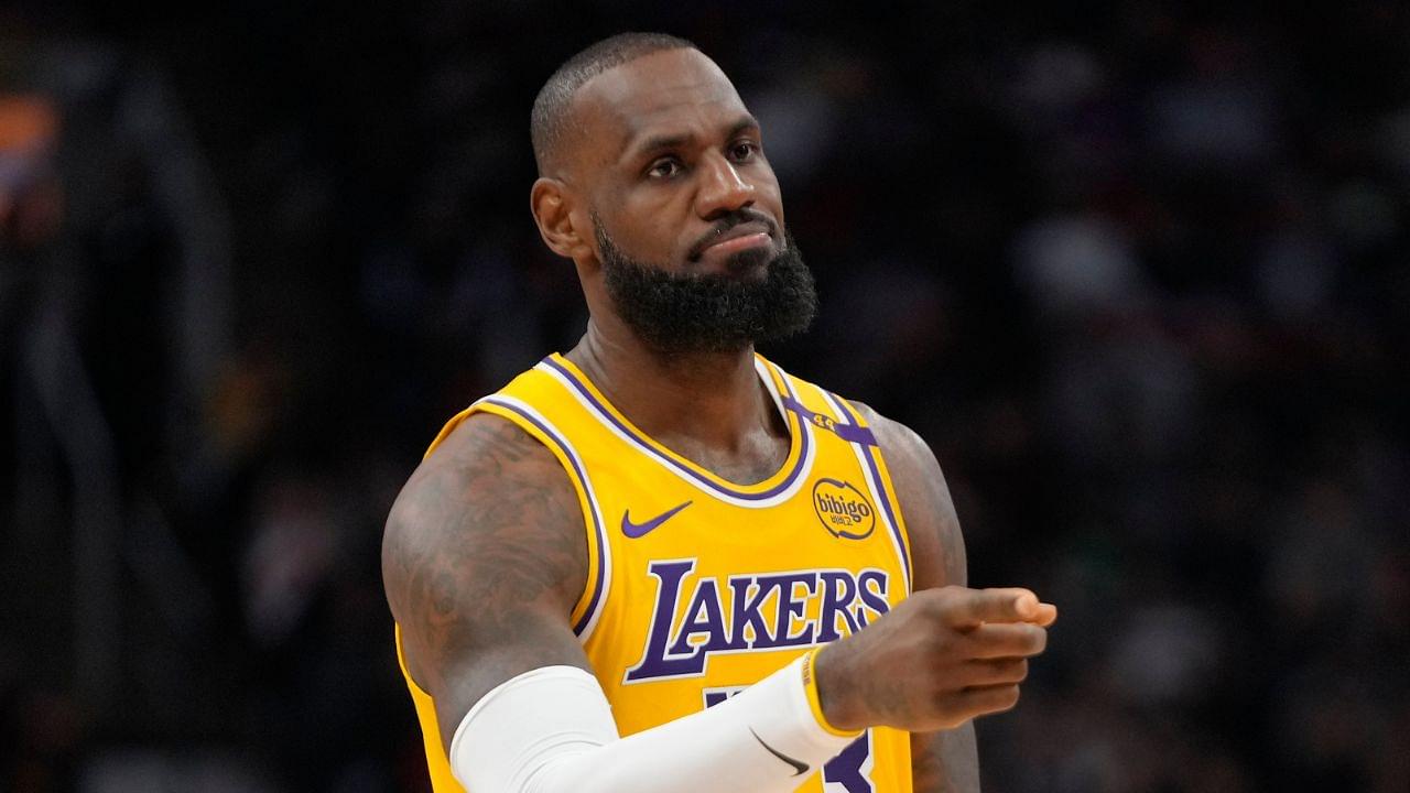 Los Angeles Lakers forward LeBron James (23) gestures to a teammate during the first half against the Toronto Raptors at Scotiabank Arena.