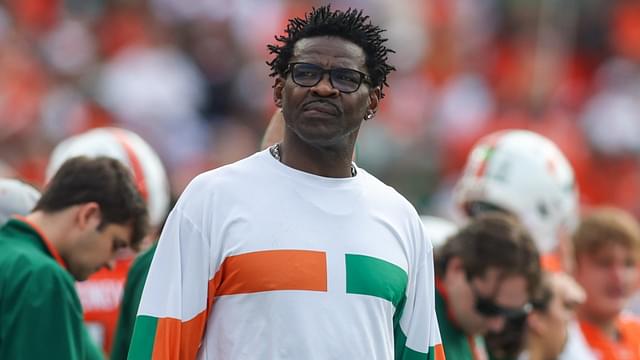 Nov 9, 2024; Atlanta, Georgia, USA; Former Miami Hurricanes wide receiver Michael Irvin on the sideline against the Georgia Tech Yellow Jackets in the first quarter at Bobby Dodd Stadium at Hyundai Field.