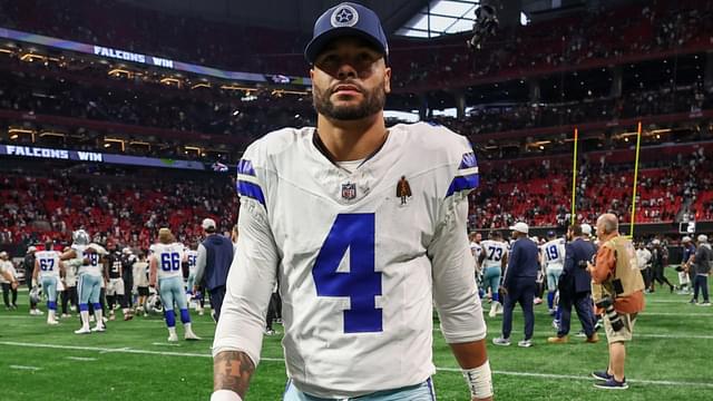 Nov 3, 2024; Atlanta, Georgia, USA; Dallas Cowboys quarterback Dak Prescott (4) walks off the field after a loss against the Atlanta Falcons at Mercedes-Benz Stadium.