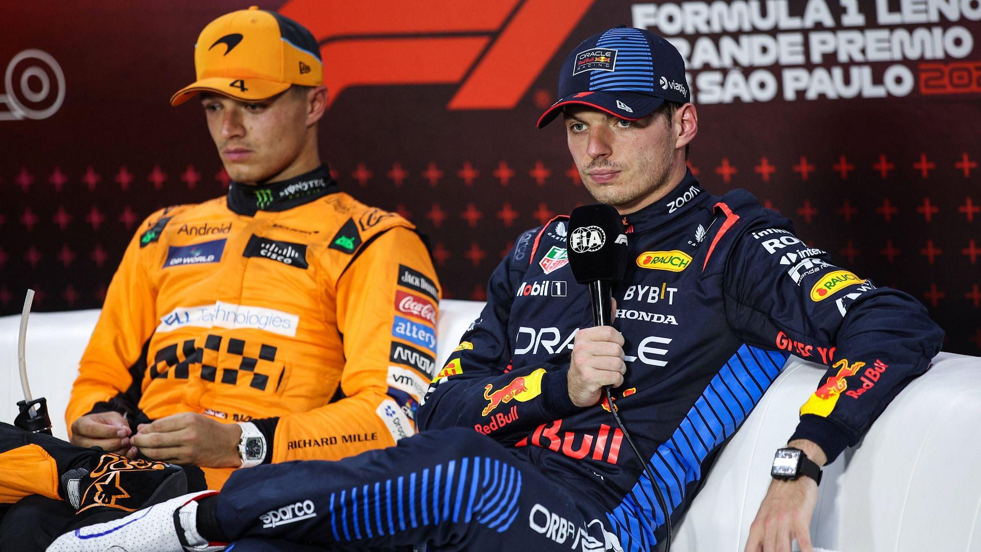 F1 Grand Prix of Brazil Max Verstappen of Red Bull Racing RB20 and Lando Norris of McLaren F1 Team MCL38 pose for a portrait during the Formula 1 Grand Prix of Brazil at Autodromo Jose Carlos Pace in Sao Paulo, Brazil, on October 31 to November 3, 2024