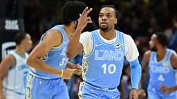 Cleveland Cavaliers guard Darius Garland (10) celebrates after hitting a three point basket during the first quarter against the Charlotte Hornets at Rocket Mortgage FieldHouse.