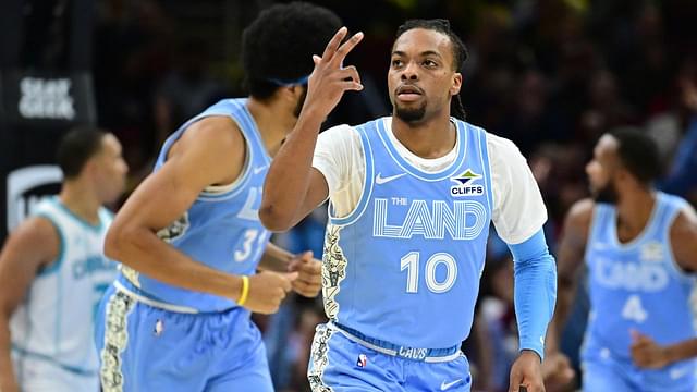 Cleveland Cavaliers guard Darius Garland (10) celebrates after hitting a three point basket during the first quarter against the Charlotte Hornets at Rocket Mortgage FieldHouse.