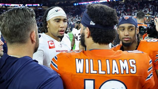 Sep 15, 2024; Houston, Texas, USA; Houston Texans quarterback C.J. Stroud (7) talks with Chicago Bears quarterback Caleb Williams (18) after the game at NRG Stadium.