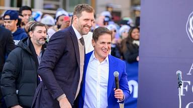 Dallas Mavericks owner Mark Cuban and former power forward Dirk Nowitzki during the ceremony for the unveiling of a statue honoring Nowitzki before the game between the Dallas Mavericks and the Los Angeles Lakers American Airlines Center