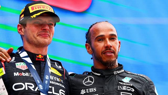 First Place Max Verstappen of the Netherlands and Oracle Red Bull Racing and Third Place Lewis Hamilton of Great Britain and Mercedes celebrate on the podium, Race, F1 Grand Prix of Spain, Circuit de Barcelona-Catalunya