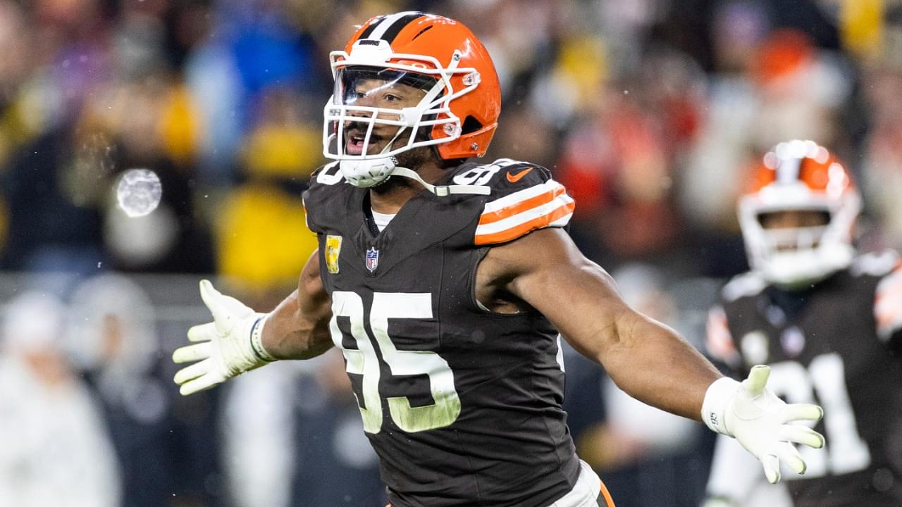 Nov 21, 2024; Cleveland, Ohio, USA; Cleveland Browns defensive end Myles Garrett (95) celebrates a team fumble recovery against the Pittsburgh Steelers during the second quarter at Huntington Bank Field Stadium.