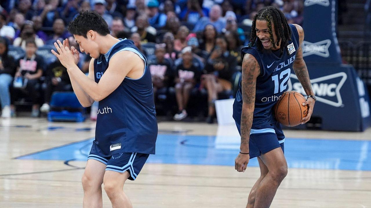 Grizzlies' Yuki Kawamura (17) and Ja Morant (12) do the griddy dance during open practice at FedExForum in Memphis, Tenn., on Sunday, October 6, 2024.