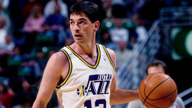 Utah Jazz guard John Stockton (12) in action against the San Antonio Spurs at the Delta Center.