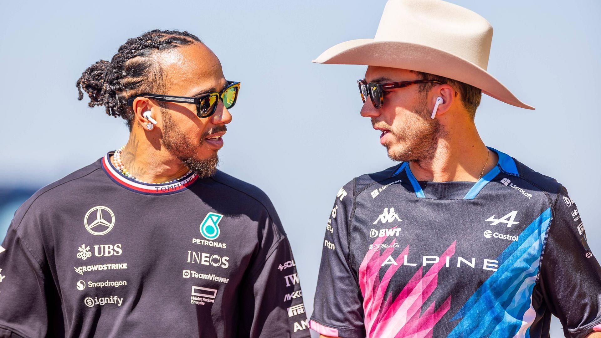 Lewis Hamilton (44) of United Kingdom and team Mercedes-AMG Petronas F1 Team and Pierre Gasly (10) of France and team BTW Alpine F1 Team talk during the drivers parade before the Formula 1 Pirelli United States Grand Prix