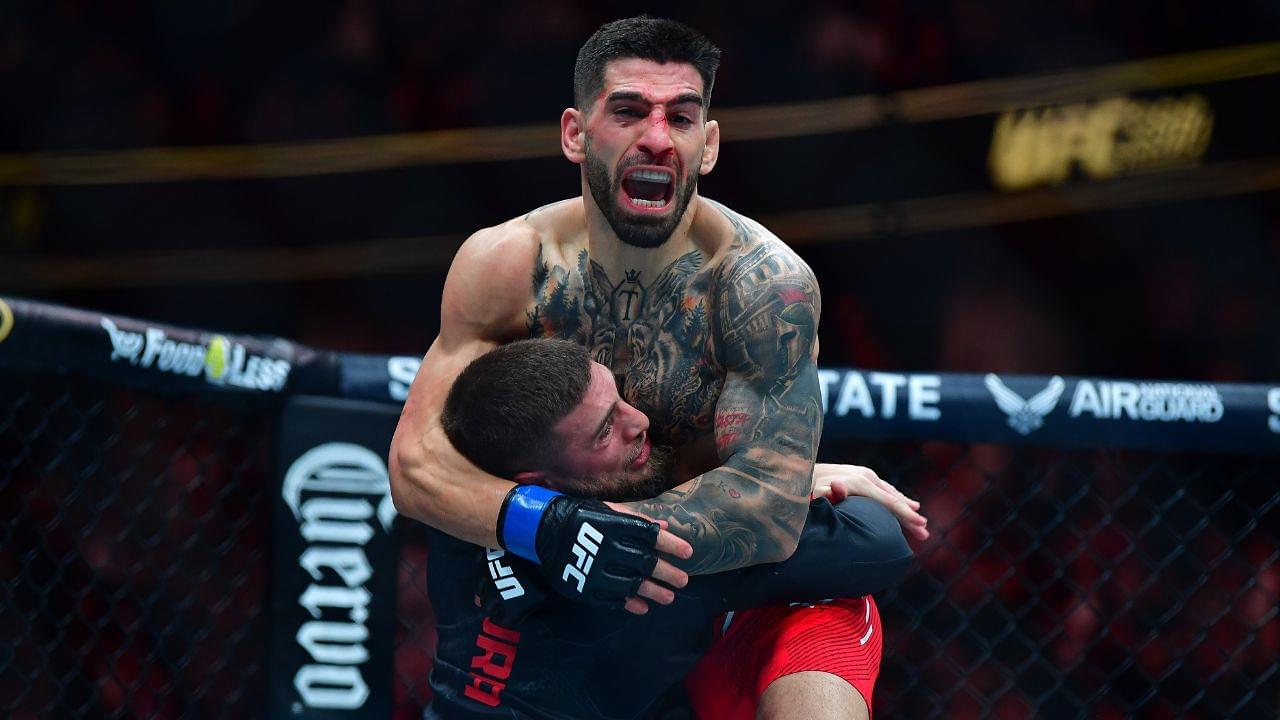 Ilia Topuria celebrates his championship victory against Alexander Volkanovski during UFC 298 at Honda Center