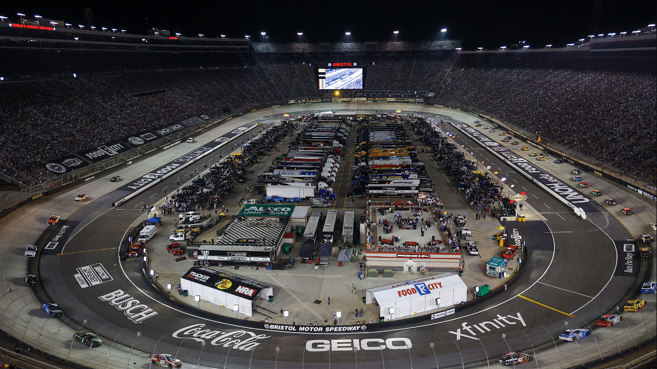 General view of the track during the NASCAR Cup Series race at Bristol Motor Speedway.