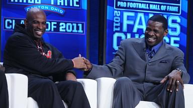 Feb 5, 2011; Dallas, TX, USA; Deion Sanders (left) and Michael Irvin at the 2011 Pro Football Hall of Fame announcement show at the Super Bowl XLV media center at the International Conference and Exposition Center.