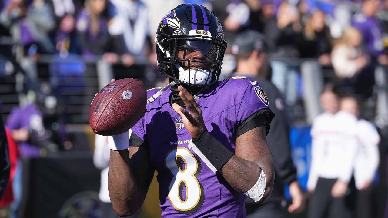 Baltimore Ravens quarterback Lamar Jackson (8) prior to the game against the Denver Broncos at M&T Bank Stadium.