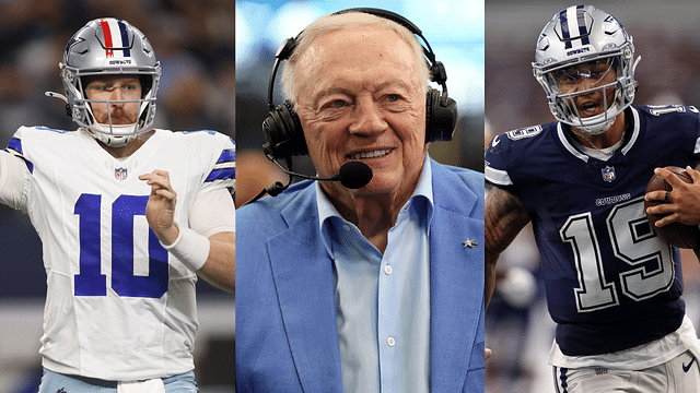 Cooper Rush (R), Jerry Jones (C) and Trey Lance (L)