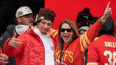 Kansas City Chiefs quarterback Patrick Mahomes (15) celebrates with his mother Randi Martin during the Kansas City Chiefs Super Bowl parade.