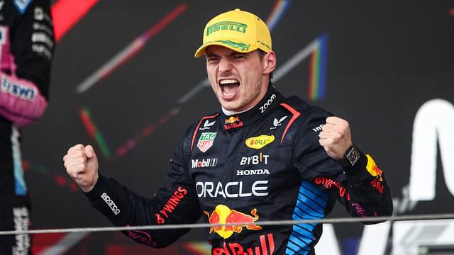 F1 Grand Prix of Brazil Max Verstappen of Red Bull Racing RB20 celebrates his victory on the podium during the Formula 1 Grand Prix of Brazil at Autodromo Jose Carlos Pace in Sao Paulo