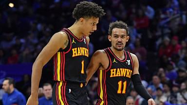 Atlanta Hawks forward Jalen Johnson (1) and guard Trae Young (11) against the Philadelphia 76ers during the fourth quarter at Wells Fargo Center.