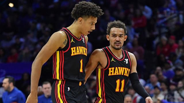 Atlanta Hawks forward Jalen Johnson (1) and guard Trae Young (11) against the Philadelphia 76ers during the fourth quarter at Wells Fargo Center.