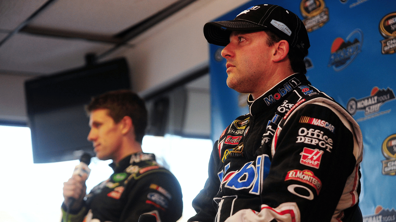 NASCAR Sprint Cup Series driver Tony Stewart (right) and Carl Edwards answer questions during a press conference after the Kobalt Tools 500 at Phoenix International Raceway.