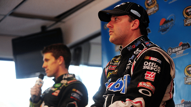 NASCAR Sprint Cup Series driver Tony Stewart (right) and Carl Edwards answer questions during a press conference after the Kobalt Tools 500 at Phoenix International Raceway.