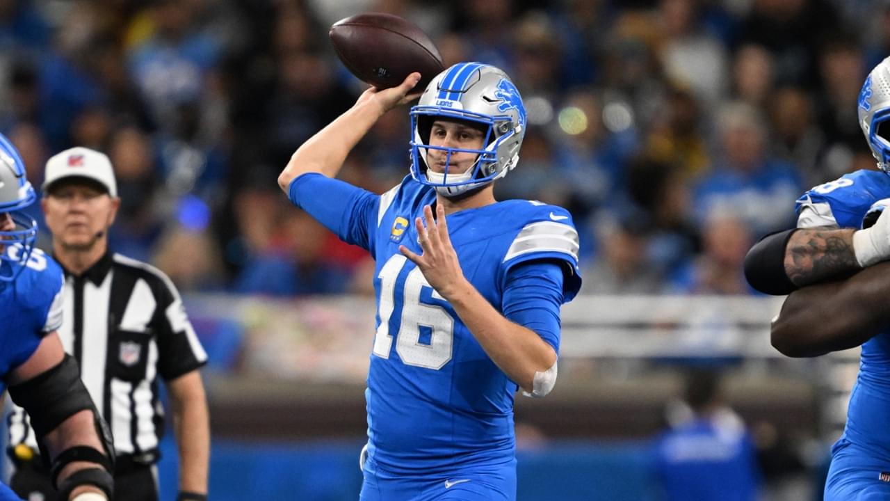 Oct 27, 2024; Detroit, Michigan, USA; Detroit Lions quarterback Jared Goff (16) throws a pass against the Tennessee Titans in the fourth quarter at Ford Field.