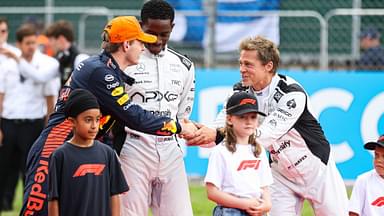 1 Max Verstappen (NLD, Oracle Red Bull Racing), Brad Pitt (USA), F1 Grand Prix of Great Britain at Silverstone Circuit on July 9, 2023 in Silverstone, Great Britain