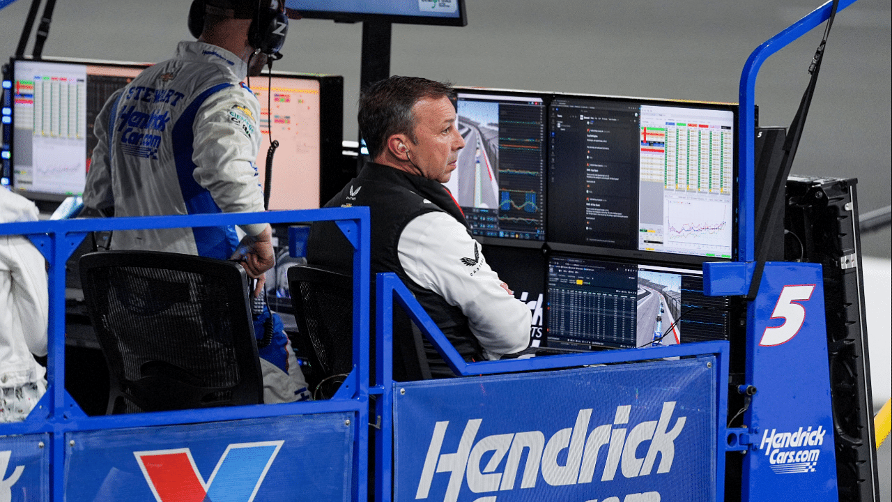 Former crew chief Chad Knaus in the pit box for driver Kyle Larson (5) during the All Star race at North Wilkesboro Speedway.