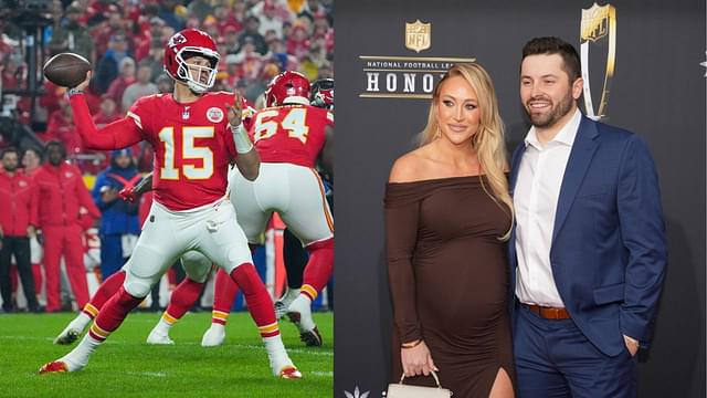 Patrick Mahomes (L), Emily Mayfield and Baker Mayfield (R)