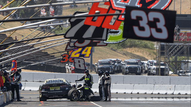 Pit crews for NASCAR Cup Series driver William Byron (24) swap out a tire on the vehicle during the Toyota / Save Mart 350 at Sonoma Raceway.