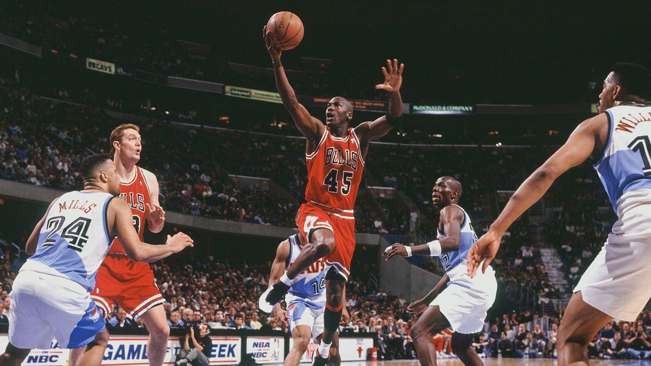 Chicago Bulls guard (45) Michael Jordan wears jersey#45 shortly after his return from a brief retirement following playing baseball against the Cleveland Cavaliers at Gund Arena.