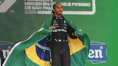 F1 Grand Prix of Brazil .Lewis Hamilton of Great Britain and team Mercedes with the Brazilian flag to honor his hero Ayrton Senna November 14, 2021 At Interlagos, Brazil