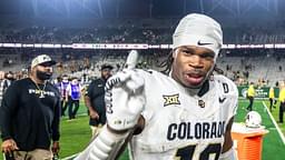 CU football standout athlete Travis Hunter flashes a No. 1 with his finger after a win against CSU in the Rocky Mountain Showdown at Canvas Stadium on Saturday