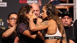 Julianna Pena and Amanda Nunes face-off in front of the fans at American Airlines Center for UFC 277: PeoÂ±a v Nunes 2 on July 29, 2022 in Dallas, Texas, United States.