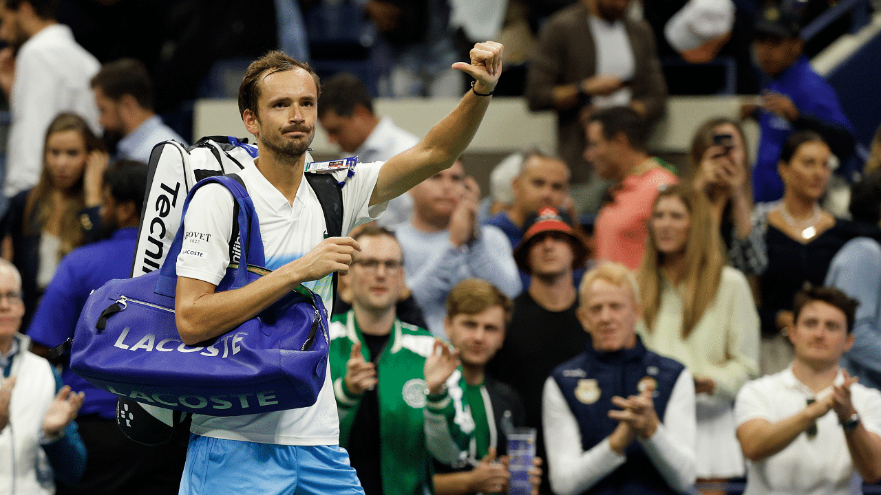 Daniil Medvedev waves to fans while leaving the court after his match against Jannik Sinner (ITA)(not pictured) on day ten of the 2024 U.S. Open tennis tournament