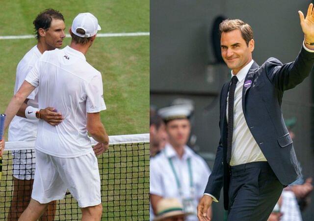 Rafael Nadal and Sam Querrey (L), Roger Federer (R) at Wimbledon