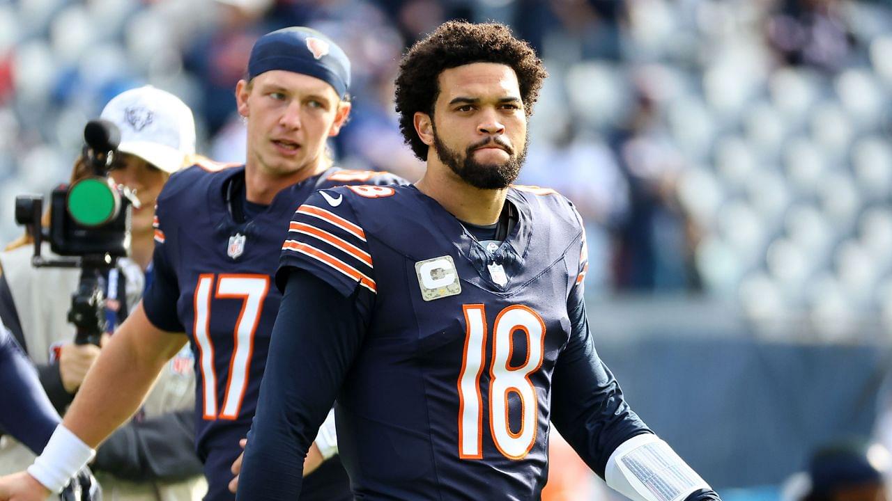 Chicago Bears quarterback Caleb Williams (18) practices before the game against the New England Patriots at Soldier Field.