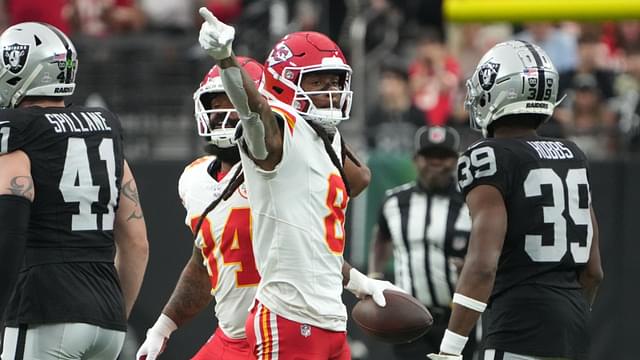 Oct 27, 2024; Paradise, Nevada, USA; Kansas City Chiefs wide receiver DeAndre Hopkins (8) gestures after a first down against the Las Vegas Raiders in the first half at Allegiant Stadium.