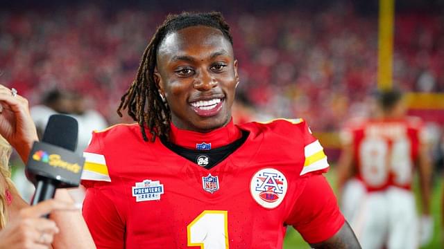 Kansas City Chiefs wide receiver Xavier Worthy (1) speaks with media after the win over the Baltimore Ravens at GEHA Field at Arrowhead Stadium.