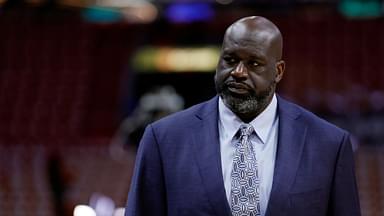 Shaquille O'Neal looks on before game four between the Miami Heat and the Boston Celtics in the Eastern Conference Finals for the 2023 NBA playoffs at Kaseya Center.