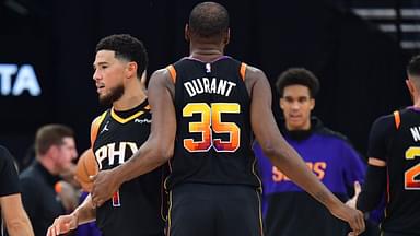 Phoenix Suns guard Devin Booker (1) and forward Kevin Durant (35) react against the Los Angeles Clippers during the second half at Intuit Dome.