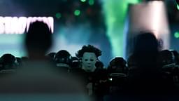 New York Jets cornerback Sauce Gardner (1) runs onto the field in a Michael Myers mask before the first half of their game against the Houston Texans at MetLife Stadium.