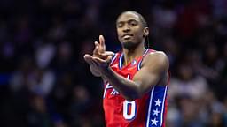 Philadelphia 76ers guard Tyrese Maxey (0) reacts to his three pointer against the Brooklyn Nets during the second quarter at Wells Fargo Center.