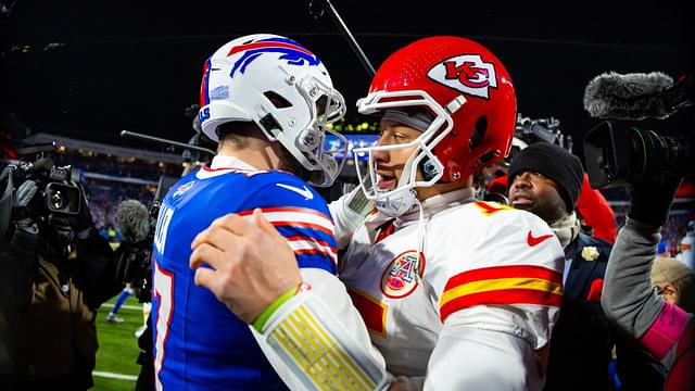 Kansas City Chiefs quarterback Patrick Mahomes (15) greets Buffalo Bills quarterback Josh Allen (17) following the 2024 AFC divisional round game at Highmark Stadium.